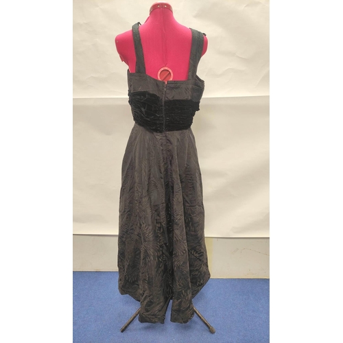 197 - Mid 20th century lady's vintage evening dress by Walgar, London, in flocked black taffeta with ruche... 