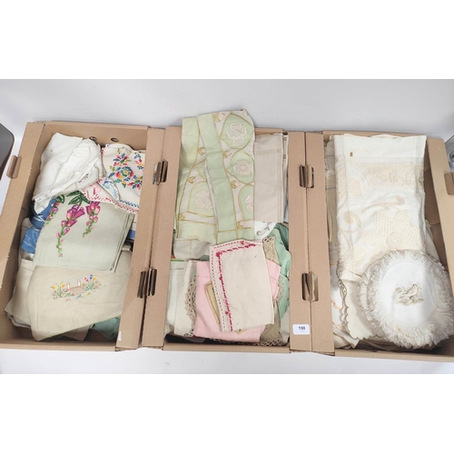 198 - Three boxes of vintage embroidered and other table linen, mainly mid 20th century including tableclo... 