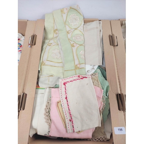 198 - Three boxes of vintage embroidered and other table linen, mainly mid 20th century including tableclo... 