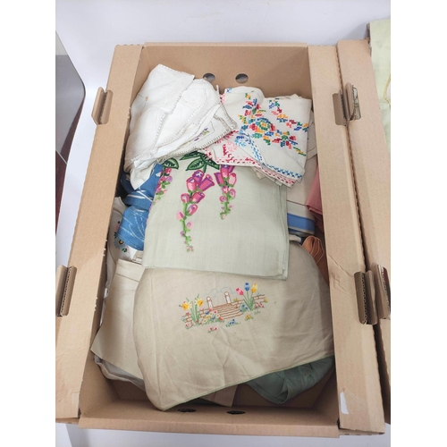 198 - Three boxes of vintage embroidered and other table linen, mainly mid 20th century including tableclo... 