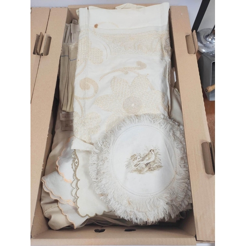 198 - Three boxes of vintage embroidered and other table linen, mainly mid 20th century including tableclo... 