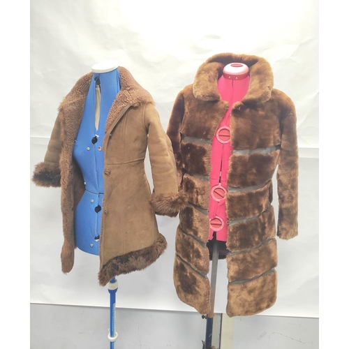 205 - Vintage banded brown sheepskin and leather coat, no labels, approx. size 8/10?; also a child's sheep... 