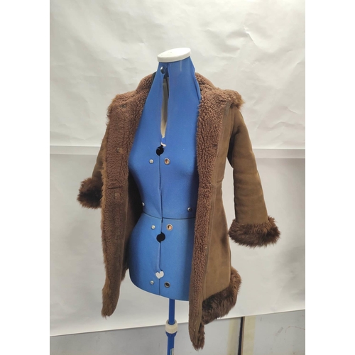 205 - Vintage banded brown sheepskin and leather coat, no labels, approx. size 8/10?; also a child's sheep... 