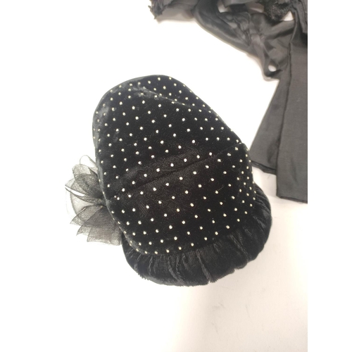 214 - Victorian or Edwardian black cotton sateen and bouclé lady's hat or bonnet; a later lady's black vel... 