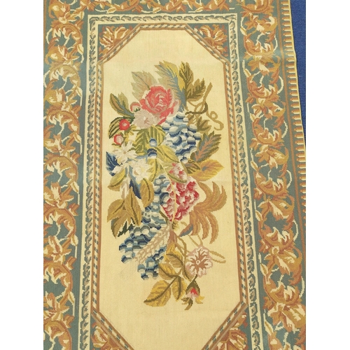 218 - Gros point tapestry rug, the polychrome central floral panel with cream ground, surrounded by stylis... 