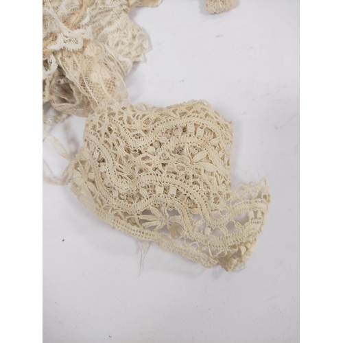 221 - Box of Victorian and Edwardian passementerie including cream lace, broderie anglaise and crocheted t... 