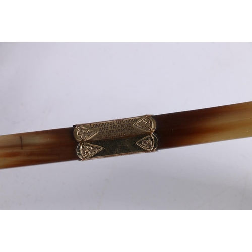 349 - Antique parasol or umbrella, the horn handle possibly Rhino horn with 18ct gold plated mounts, one o... 