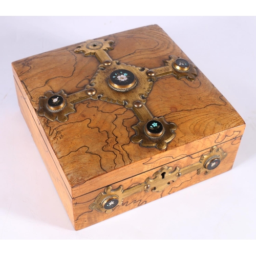 351 - Victorian faux spalted walnut games compendium, the brass gilt metal cruciform mount inset with thre... 