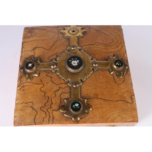 351 - Victorian faux spalted walnut games compendium, the brass gilt metal cruciform mount inset with thre... 