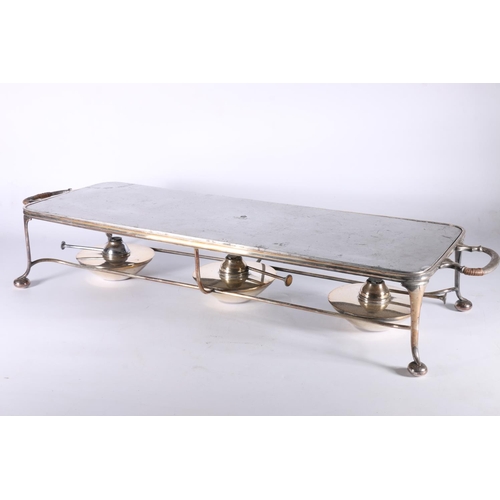 363 - Asprey of London white metal plate warmer stand with three burners to the underside, raised on bun s... 