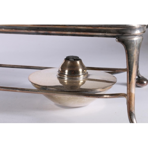 363 - Asprey of London white metal plate warmer stand with three burners to the underside, raised on bun s... 