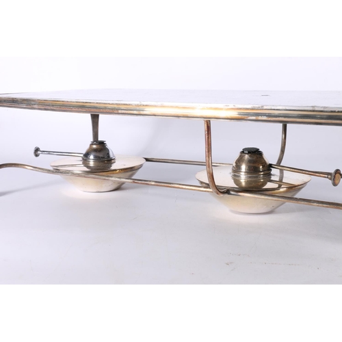 363 - Asprey of London white metal plate warmer stand with three burners to the underside, raised on bun s... 