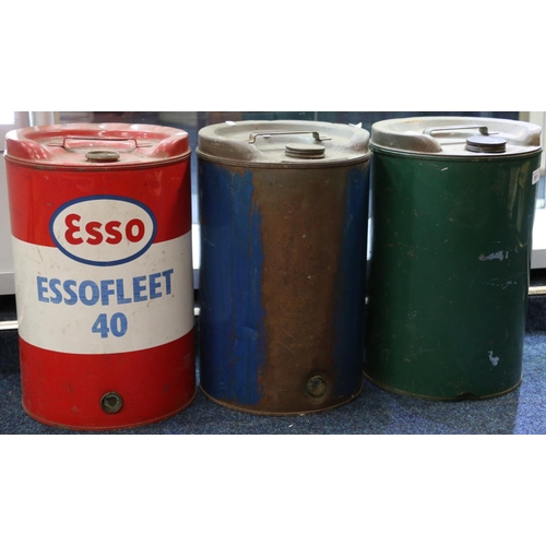 366 - Vintage painted metal petrol drum for Esso Essofleet 40, 44cm tall and two others. (3)