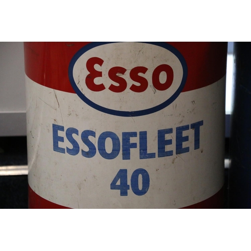 366 - Vintage painted metal petrol drum for Esso Essofleet 40, 44cm tall and two others. (3)