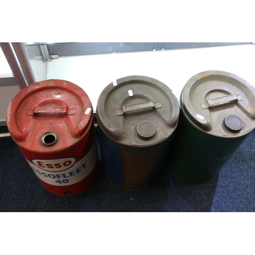 366 - Vintage painted metal petrol drum for Esso Essofleet 40, 44cm tall and two others. (3)