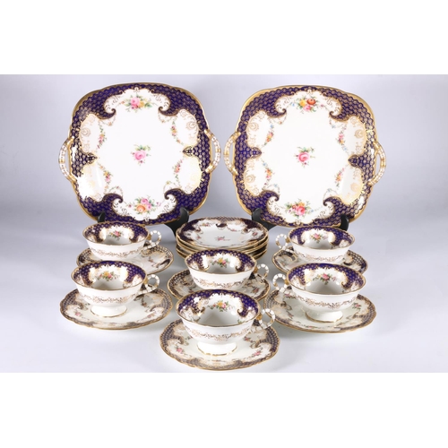 446 - Coalport English porcelain cobalt blue gilt and hand-painted floral 6711 pattern nineteen piece tea ... 