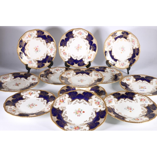 447 - Set of twelve Coalport English porcelain cobalt blue and gilt hand-painted floral batwing pattern '2... 