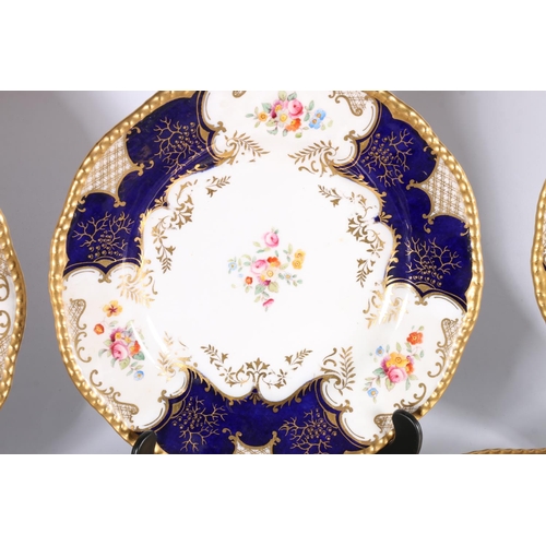 447 - Set of twelve Coalport English porcelain cobalt blue and gilt hand-painted floral batwing pattern '2... 