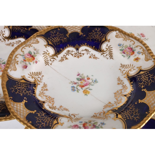 447 - Set of twelve Coalport English porcelain cobalt blue and gilt hand-painted floral batwing pattern '2... 