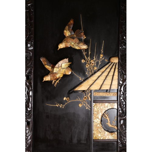 487 - Pair of Japanese Shibayama marquetry panels depicting birds in a nest and another of birds in flight... 