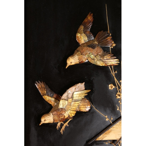 487 - Pair of Japanese Shibayama marquetry panels depicting birds in a nest and another of birds in flight... 