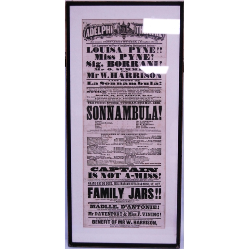 189 - Collection of 19th century framed British theatre posters to include 'Sonnambula' at the Adelphi The... 