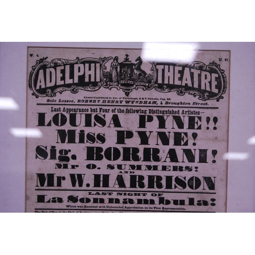 189 - Collection of 19th century framed British theatre posters to include 'Sonnambula' at the Adelphi The... 