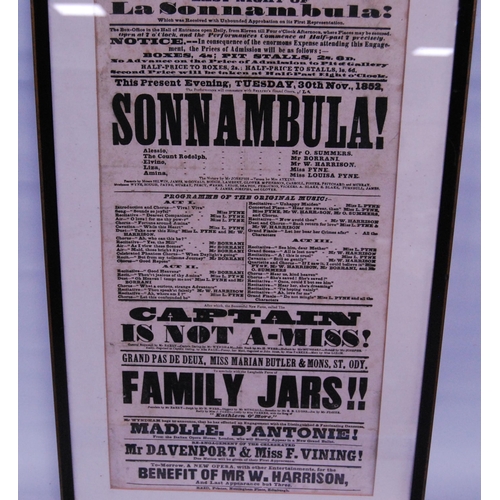 189 - Collection of 19th century framed British theatre posters to include 'Sonnambula' at the Adelphi The... 