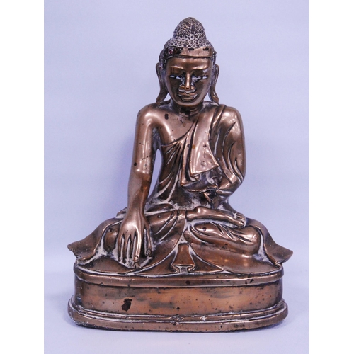 232 - Antique bronze Burmese figure of the Buddha Shakyamuni seated in the lotus position, with hands in B... 