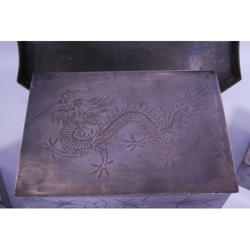 238 - Group of Chinese export pewter, 20th century, comprising a tea box and cover, 11.5cm high, 23.5cm wi... 