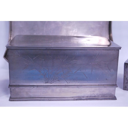 238 - Group of Chinese export pewter, 20th century, comprising a tea box and cover, 11.5cm high, 23.5cm wi... 