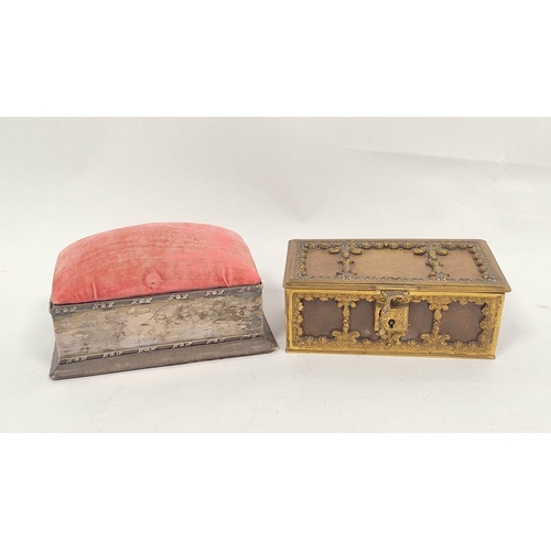 145 - Silver pin cushion with tied reed edges, 1910 and a brass trinket box (2)