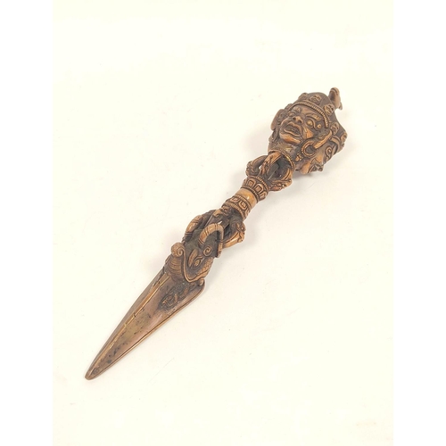 359 - Sino-Tibetan patinated metal ceremonial phurbu dagger, 25cm long.