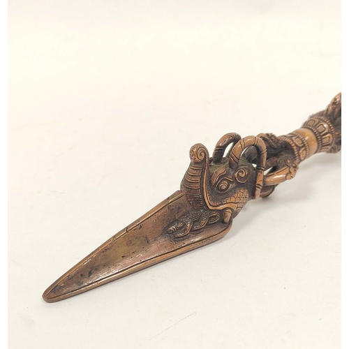 359 - Sino-Tibetan patinated metal ceremonial phurbu dagger, 25cm long.