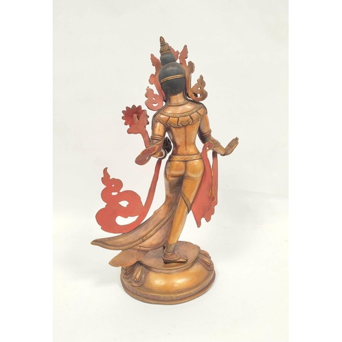 360 - Sino-Tibetan patinated bronze figure of a female deity standing on oval lotus plinth base, 39cm high... 