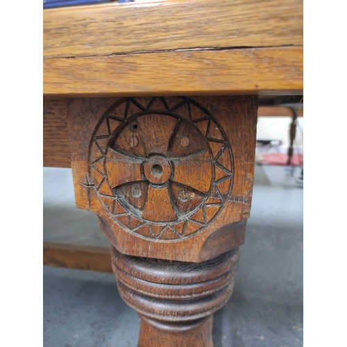 407 - Late 19th century gothic revival oak refectory dining table with baluster supports each carved with ... 