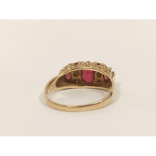 43 - Garnet three stone ring in 9ct gold and another with garnets. Sizes 'Q' 3.3g