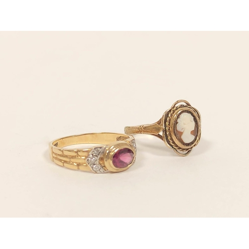 68 - Pink and white sapphire ring and another, cameo, both 9ct gold. Sizes 'O' and 'T'  6.3g (2)