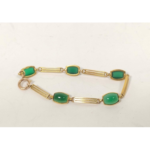 99 - Edwardian gold bracelet with five chrysoprase cabochons, '9c', 8g gross.