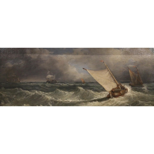 325 - 19TH CENTURY SCHOOL Ships on rough seas Oil painting on panel, unsigned, 18cm x 44cm, gilt frame 34c... 