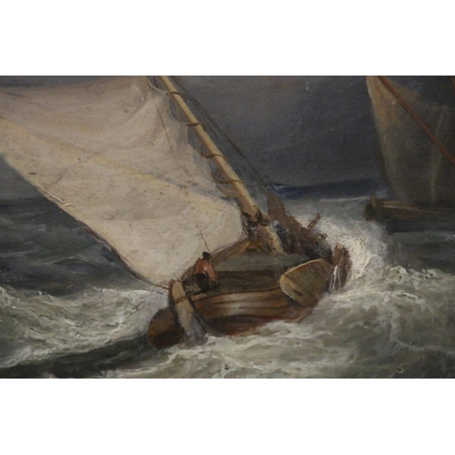 325 - 19TH CENTURY SCHOOL Ships on rough seas Oil painting on panel, unsigned, 18cm x 44cm, gilt frame 34c... 