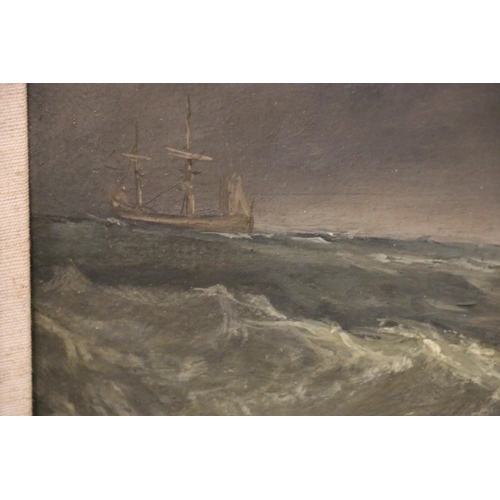 325 - 19TH CENTURY SCHOOL Ships on rough seas Oil painting on panel, unsigned, 18cm x 44cm, gilt frame 34c... 