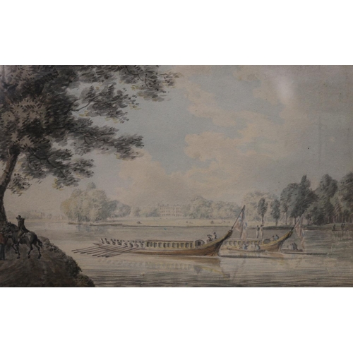 328 - Attributed to PAUL SANDBY (1731-1809) Barges on a river Watercolour, unsigned, 12cm x 19cm, frame 28... 