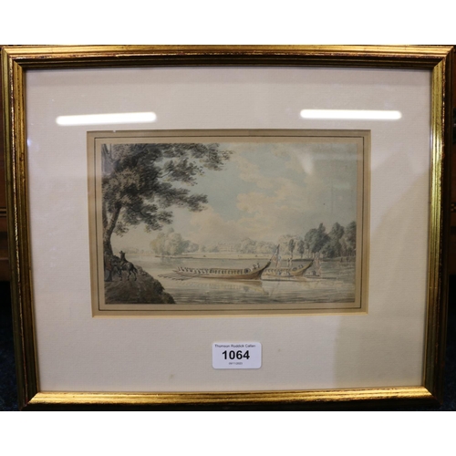 328 - Attributed to PAUL SANDBY (1731-1809) Barges on a river Watercolour, unsigned, 12cm x 19cm, frame 28... 