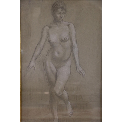 335 - 20TH CENTURY SCHOOL Full length portrait of a nude female Pencil drawing with chalk highlights, sign... 