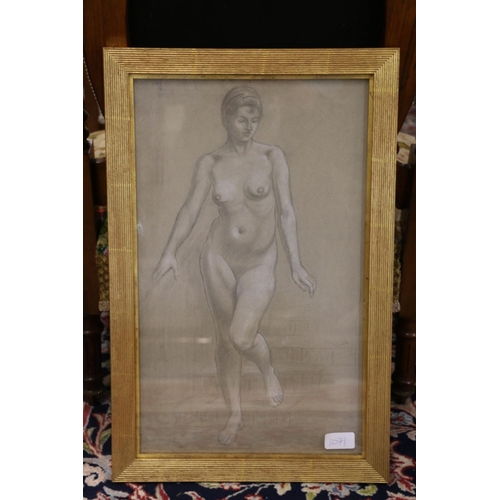 335 - 20TH CENTURY SCHOOL Full length portrait of a nude female Pencil drawing with chalk highlights, sign... 