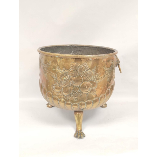 364 - 19th century brass jardiniere with repousee fruit decoration, lion mask handles and raised on claw s... 