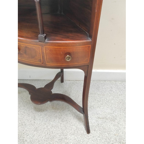 433 - Edwardian astragal glazed standing corner cabinet, the shelved top above galleried bow front underti... 