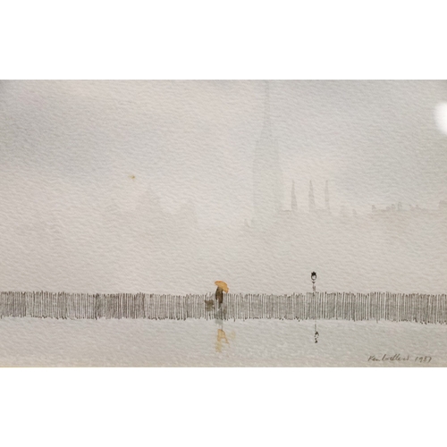 336 - KEN LOCHHEAD (Scottish 1936-2006) *ARR* Rainy Edinburgh scene Watercolour and ink, pencil signed and... 