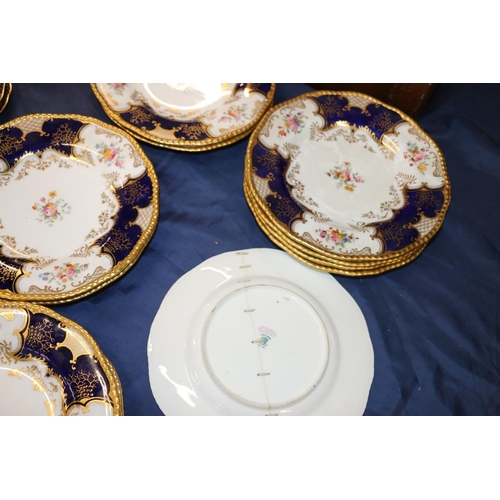 447 - Set of twelve Coalport English porcelain cobalt blue and gilt hand-painted floral batwing pattern '2... 